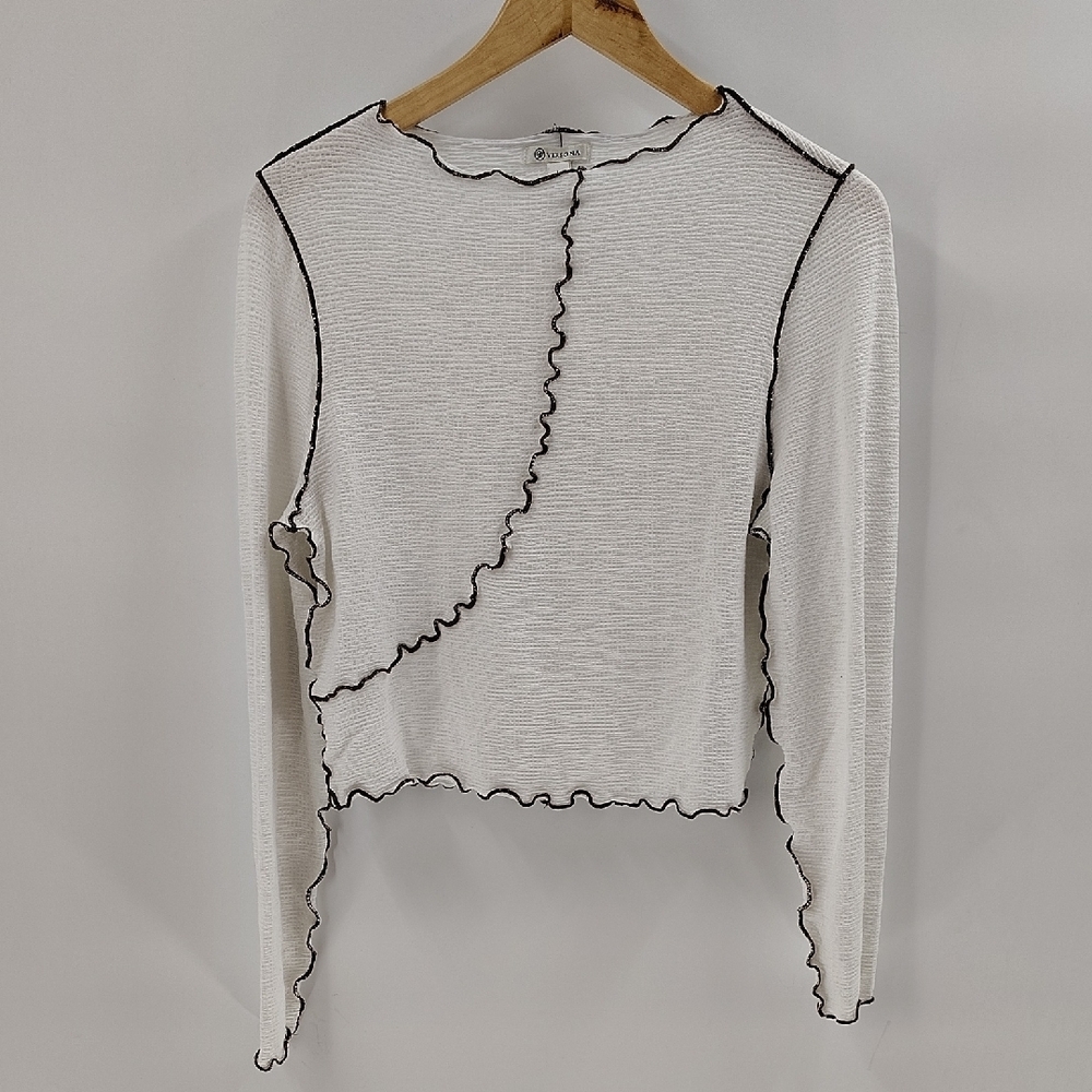 Versona Top Size Large White Brown Trim Stitching Textured Long Sleeve